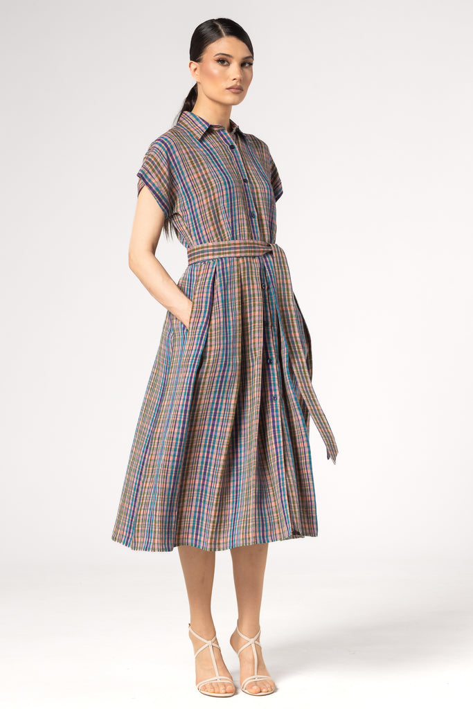 Rochie midi cu umar cazut in carouri
