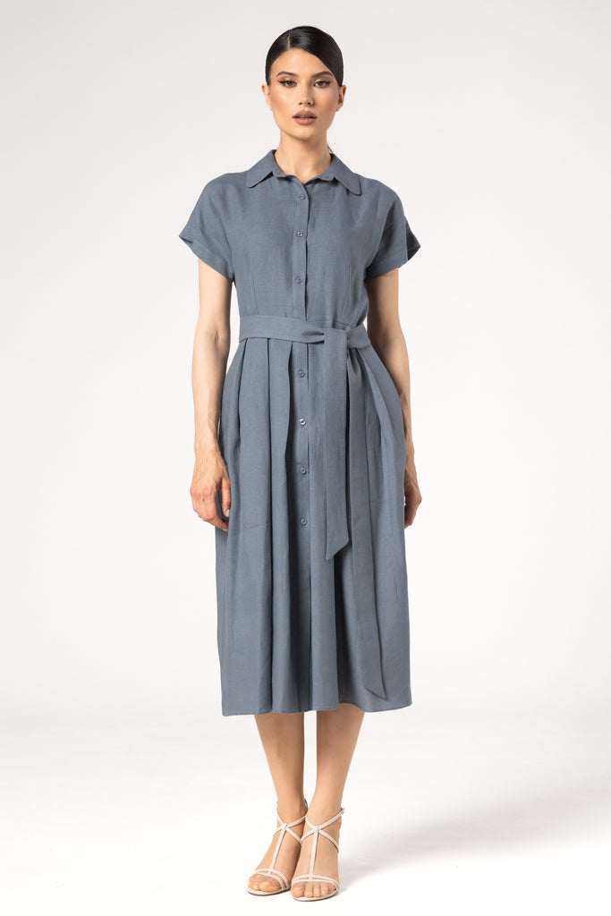 Rochie midi cu umar cazut - ALBASTRU PETROL