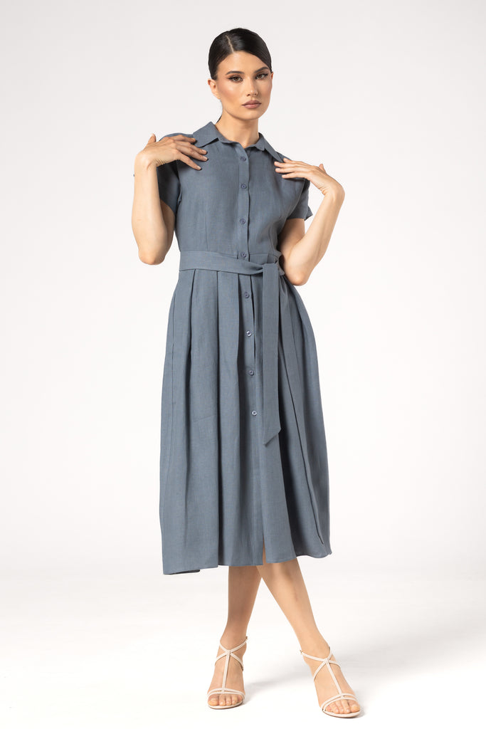 Rochie midi cu umar cazut - ALBASTRU PETROL
