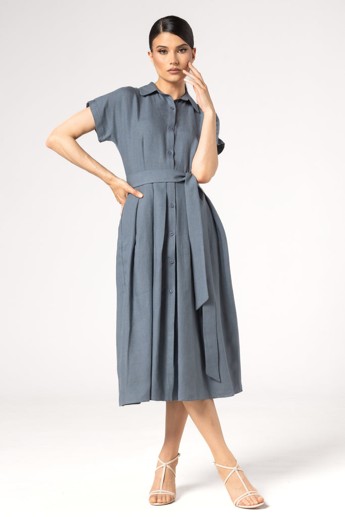Rochie midi cu umar cazut - ALBASTRU PETROL