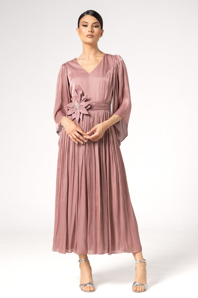Rochie de seara midi cu floare in talie si slit