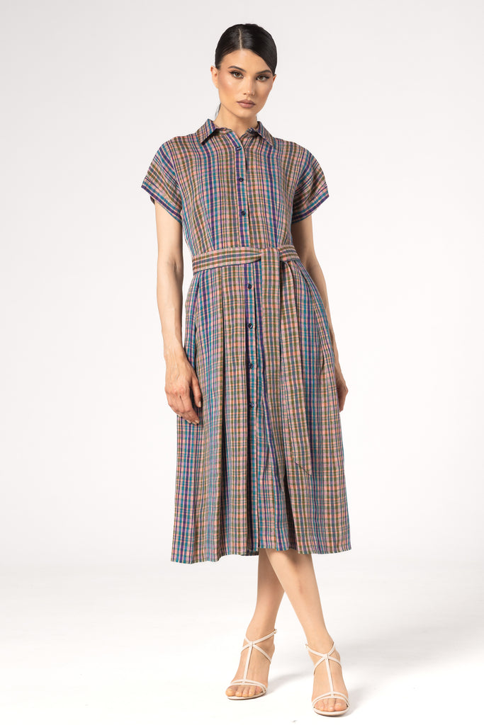 Rochie midi cu umar cazut in carouri