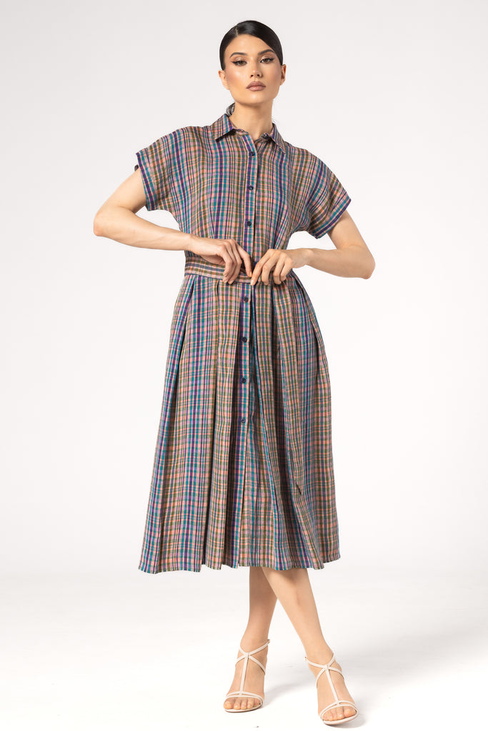 Rochie midi cu umar cazut in carouri