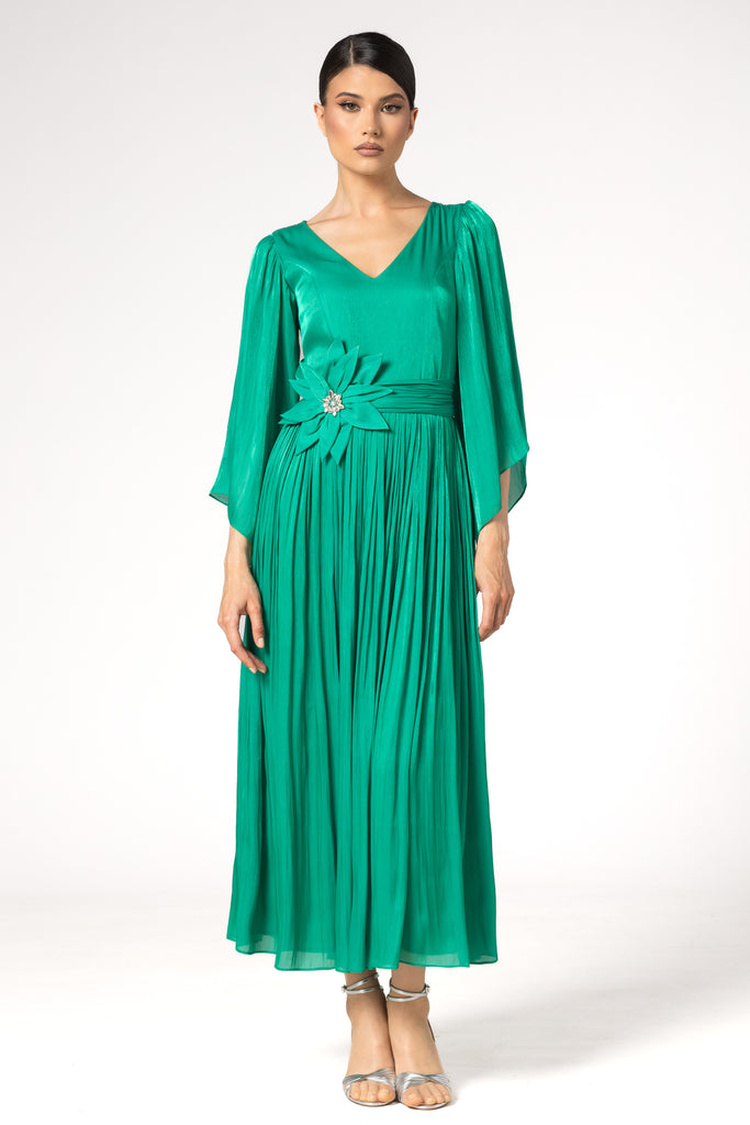 Rochie de seara midi cu floare in talie si slit