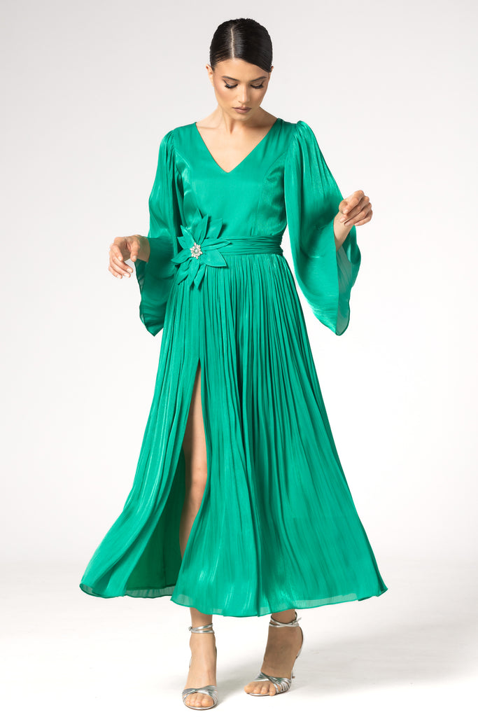 Rochie de seara midi cu floare in talie si slit