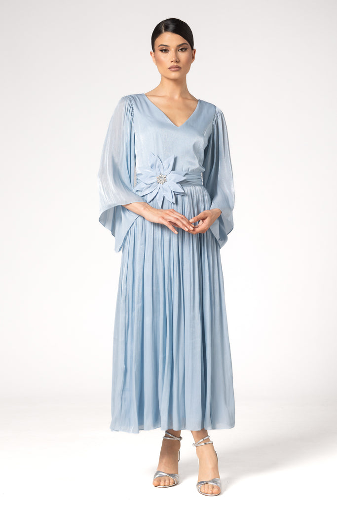 Rochie de seara midi cu floare in talie si slit
