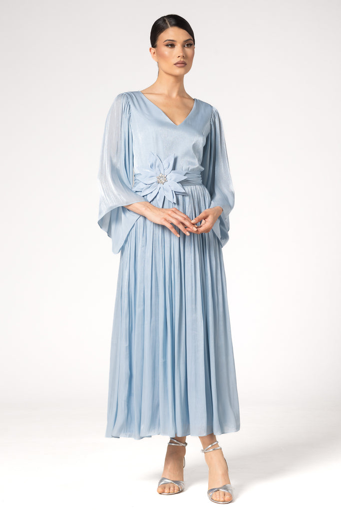 Rochie de seara midi cu floare in talie si slit