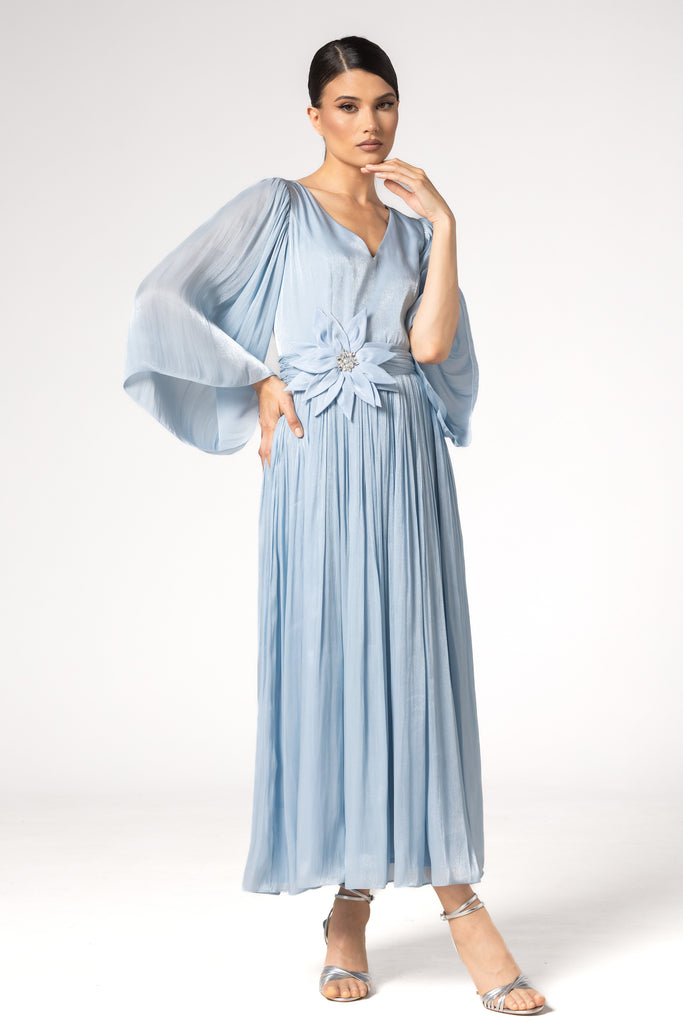 Rochie de seara midi cu floare in talie si slit