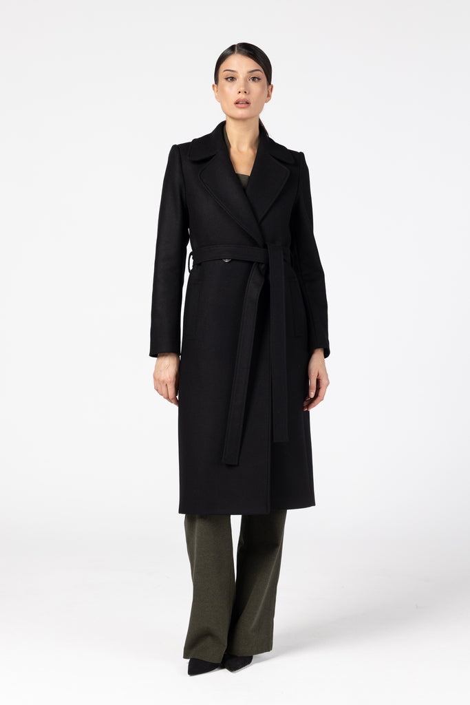 Palton midi cambrat din lana si casmir - negru