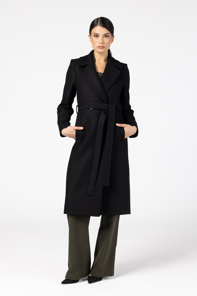 Palton midi cambrat din lana si casmir - negru