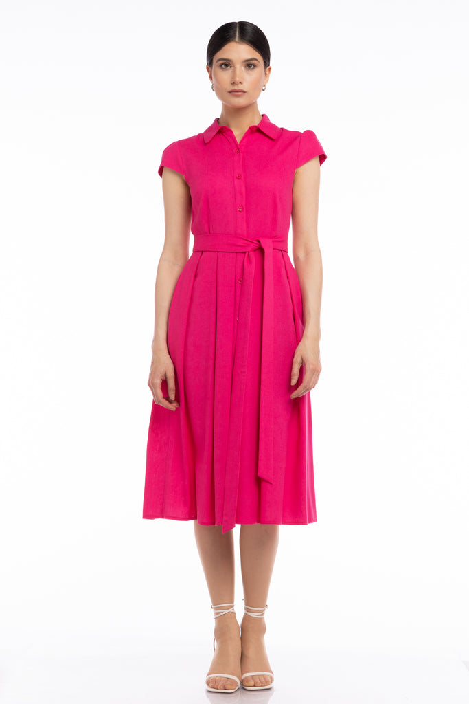 Rochie de in tip camasa cu cordon - fucsia