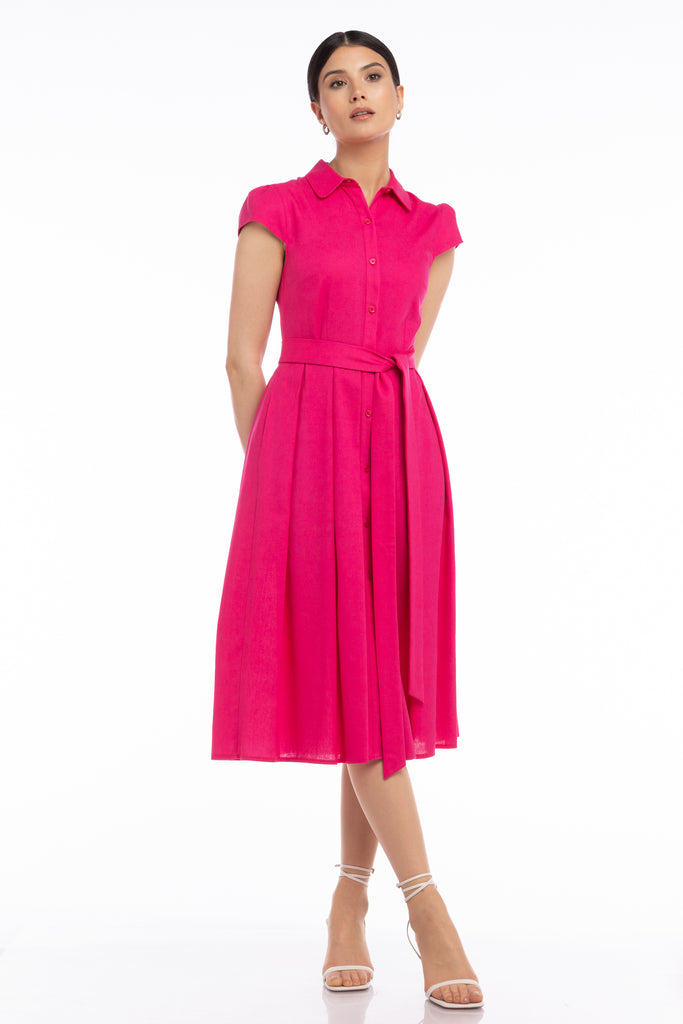 Rochie de in tip camasa cu cordon - fucsia