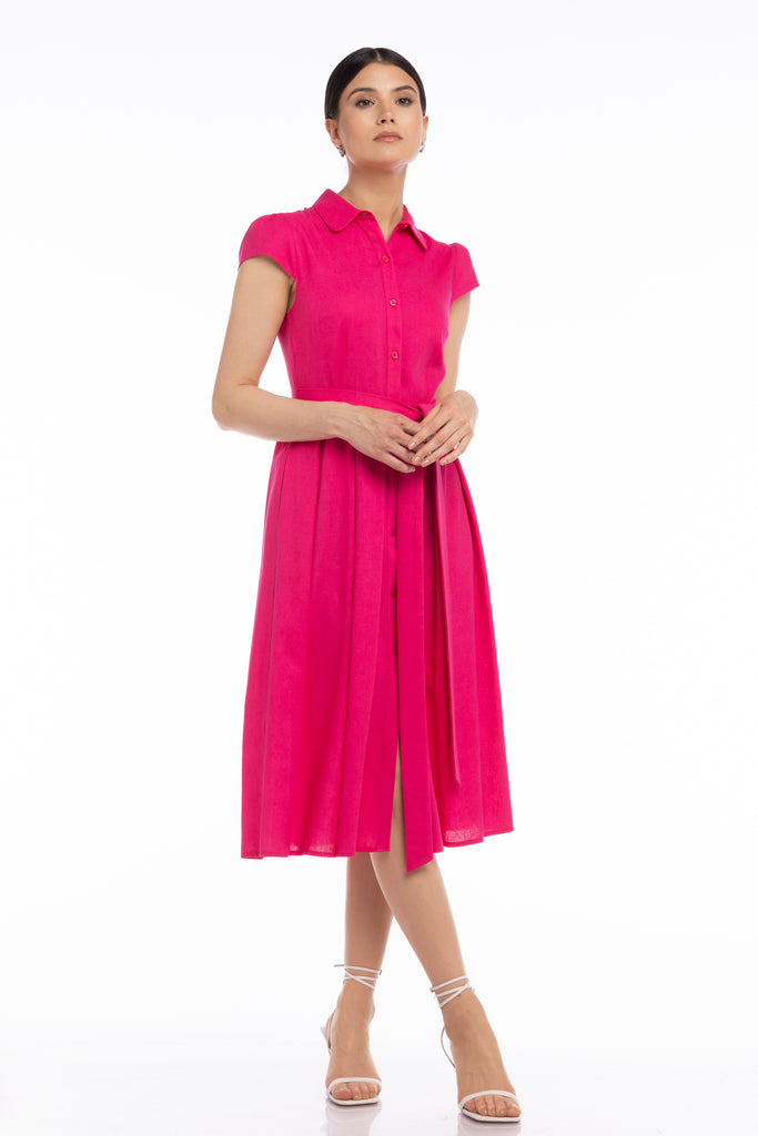 Rochie de in tip camasa cu cordon - fucsia