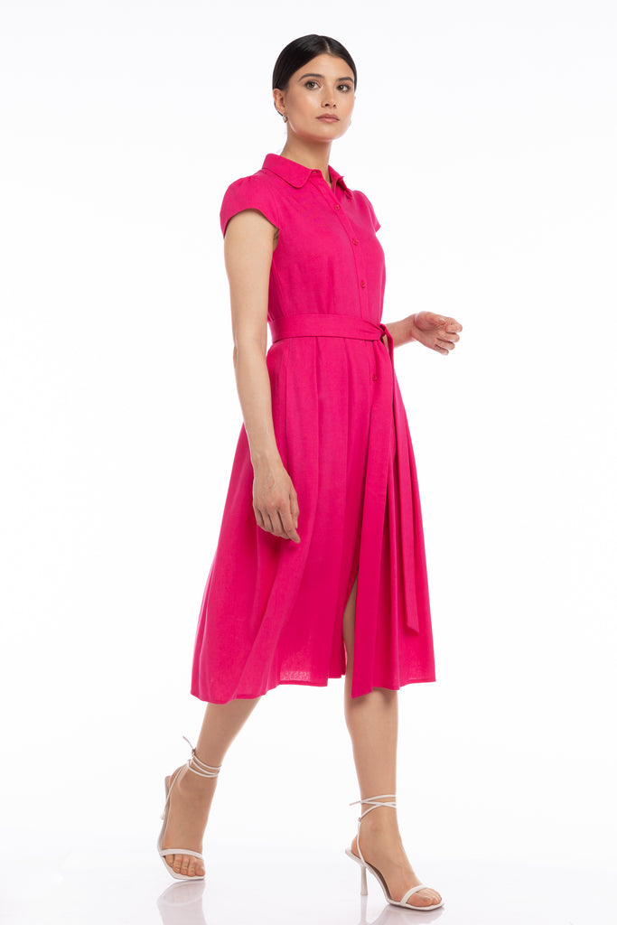 Rochie de in tip camasa cu cordon - fucsia