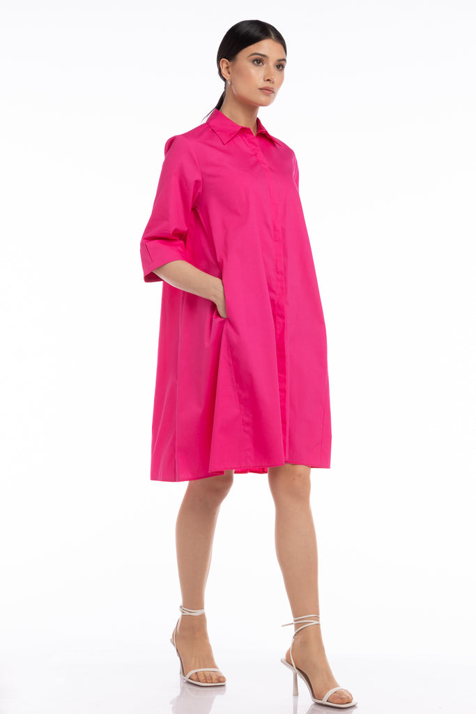 Rochie evazata tip camasa - fucsia