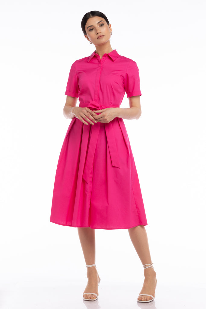 Rochie tip camasa cu cordon - fucsia