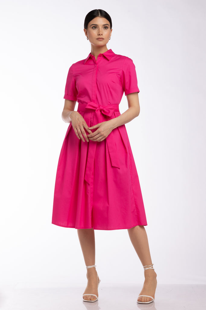 Rochie tip camasa cu cordon - fucsia