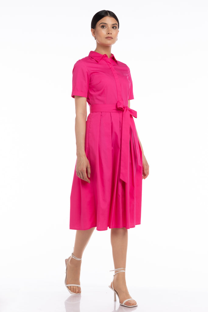 Rochie tip camasa cu cordon - fucsia