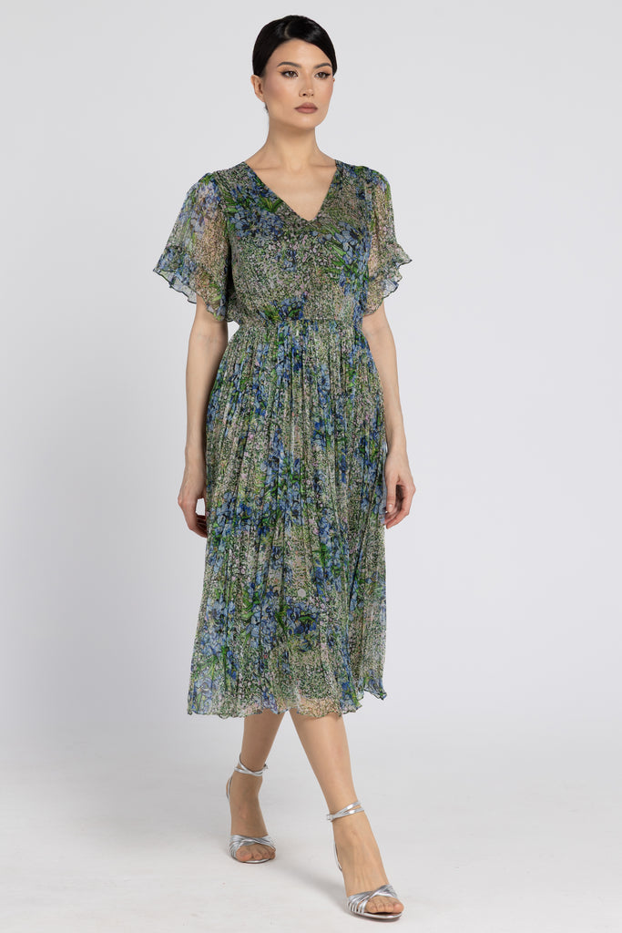 Rochie midi din matase naturala cu imprimeu floral