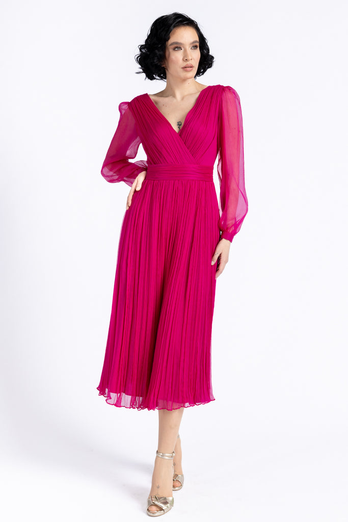 Rochie de seara din matase naturala - fucsia