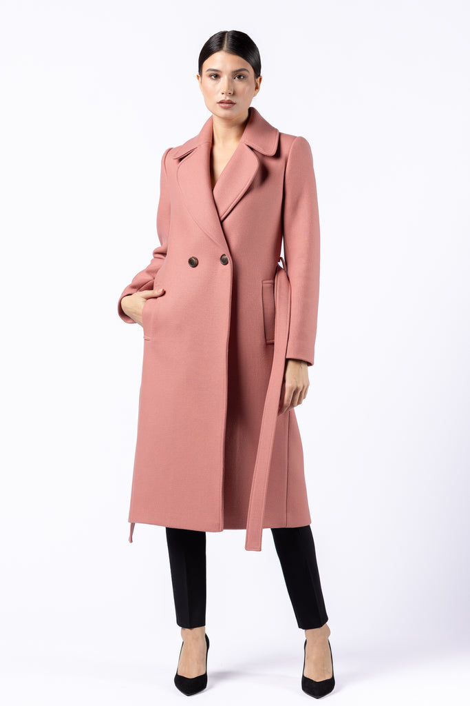 Palton midi cambrat din lana - roz somon