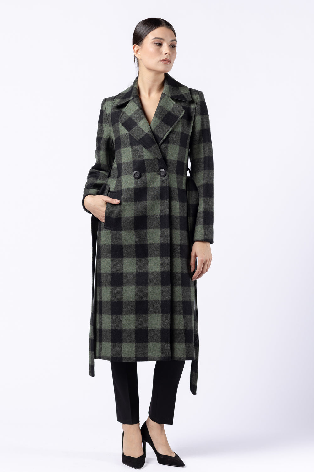 Palton midi cambrat din lana - verde&negru