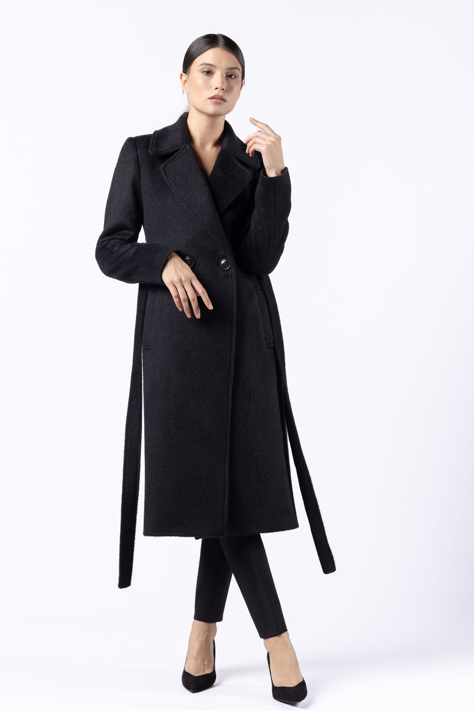 Palton midi cambrat din lana cu fir scurt- negru