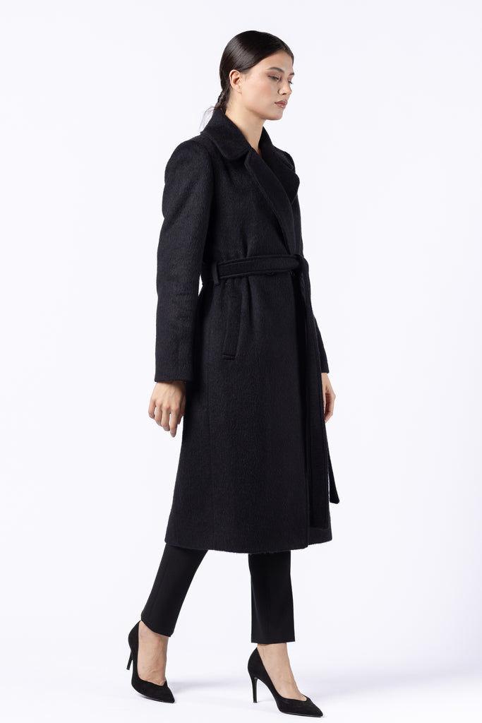 Palton midi cambrat din lana cu fir scurt- negru