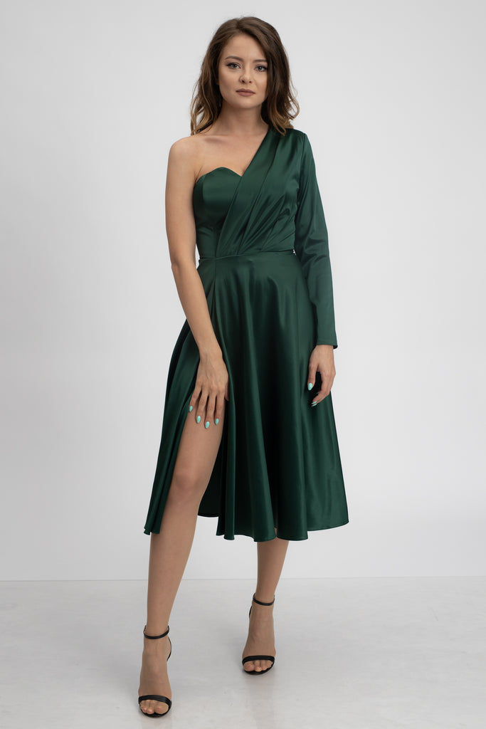 Rochie de seara verde smarald cu o maneca