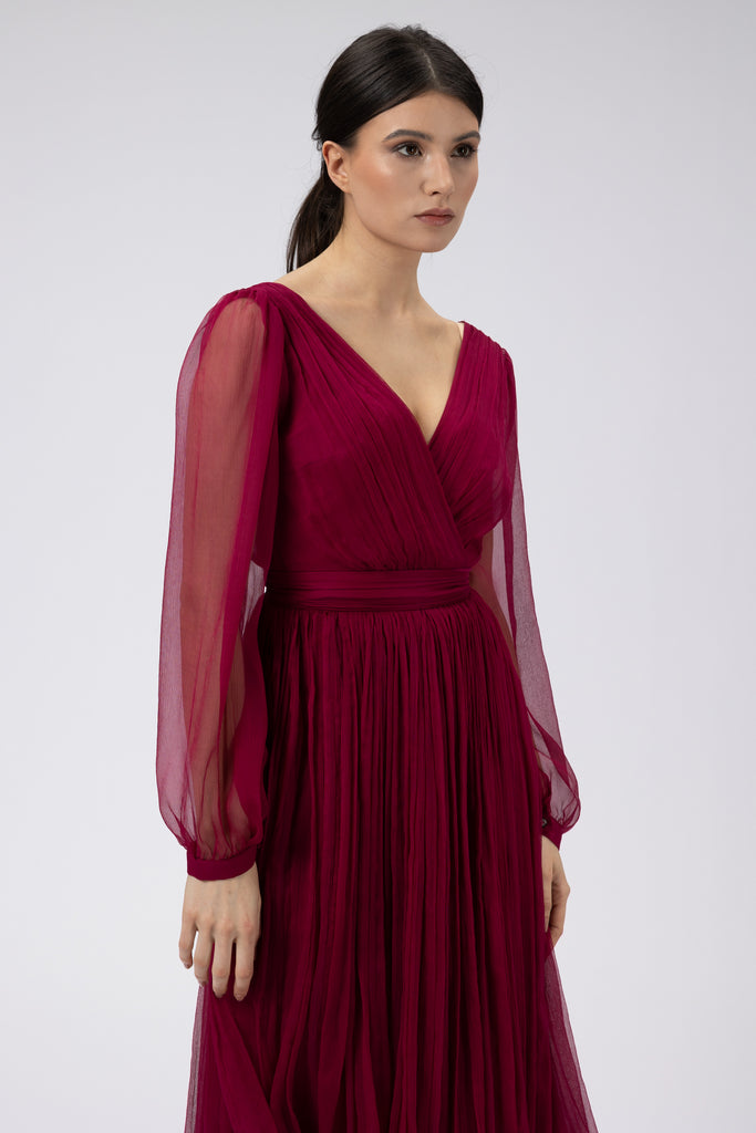 Rochie de seara midi din matase naturala burgundy