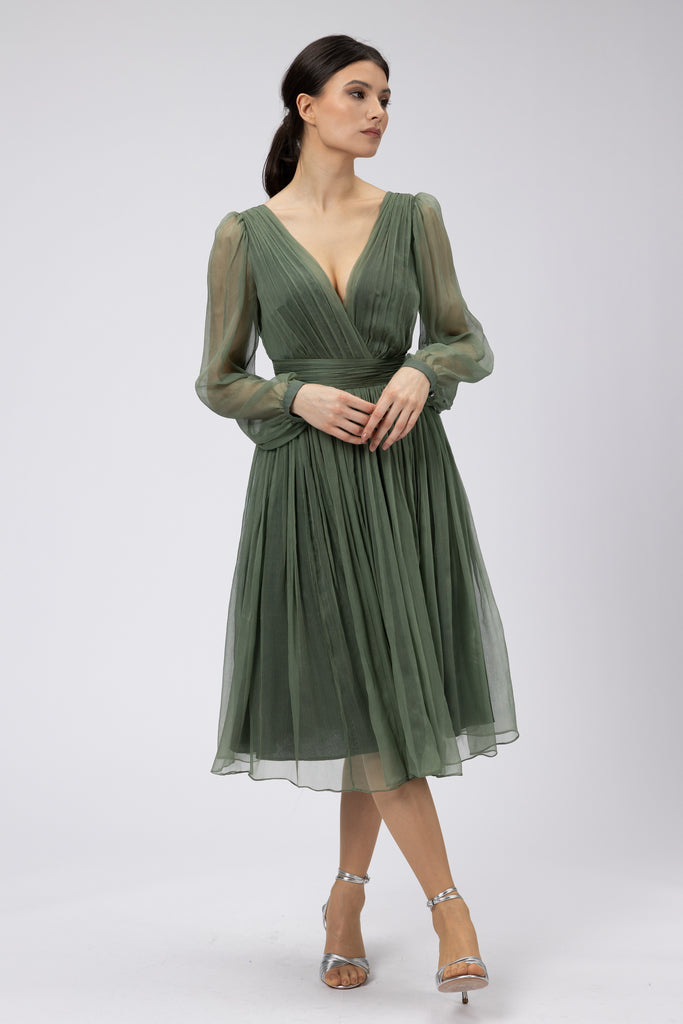 Rochie de seara midi din matase naturala olive