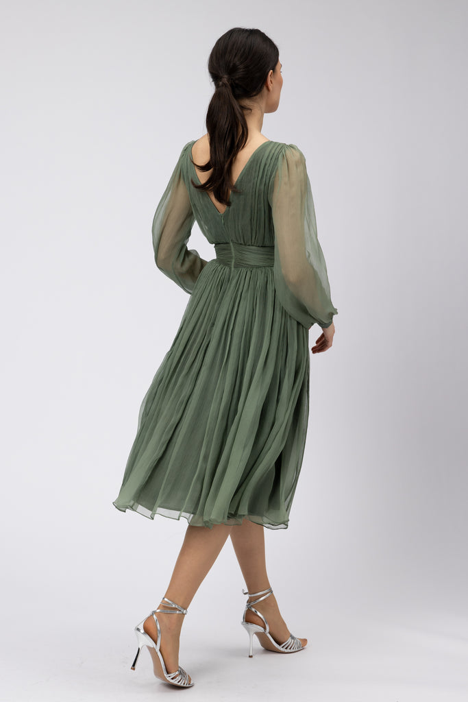 Rochie de seara midi din matase naturala olive