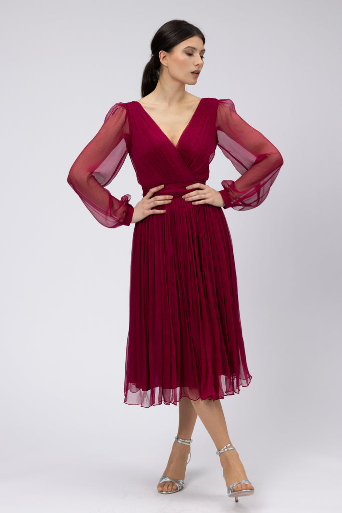 Rochie de seara midi din matase naturala burgundy