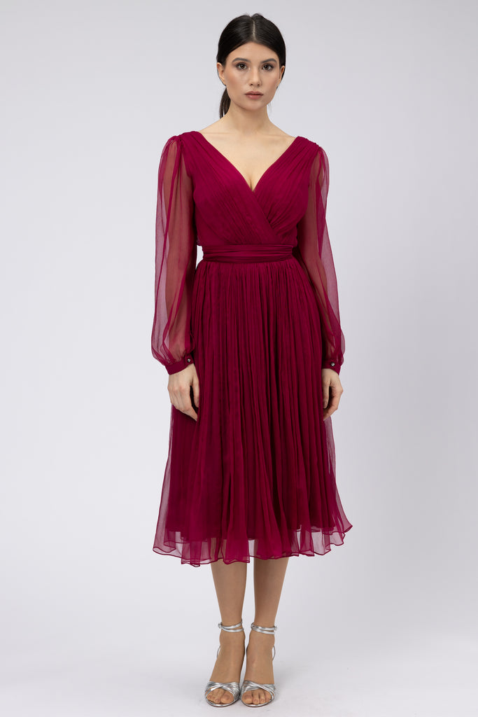 Rochie de seara midi din matase naturala burgundy