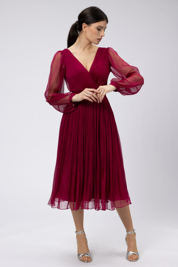 Rochie de seara midi din matase naturala burgundy