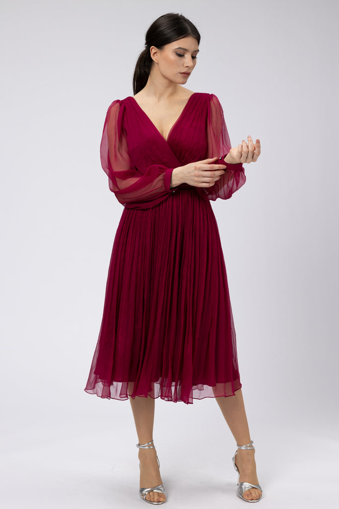 Rochie de seara midi din matase naturala burgundy