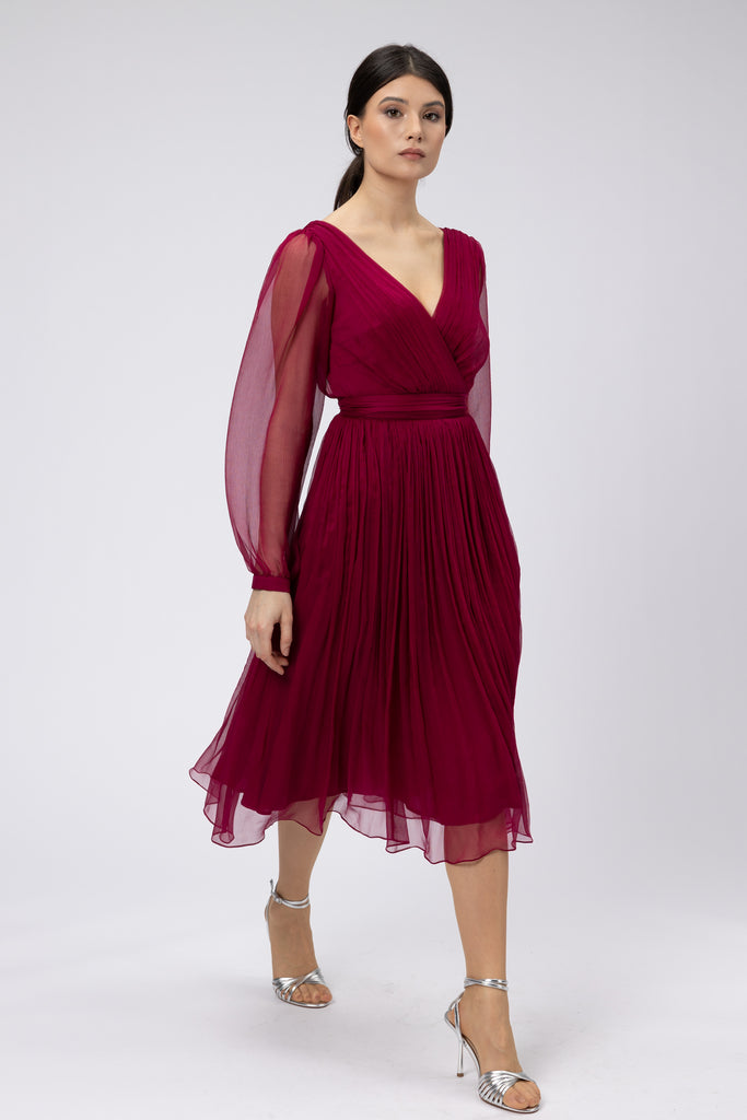 Rochie de seara midi din matase naturala burgundy