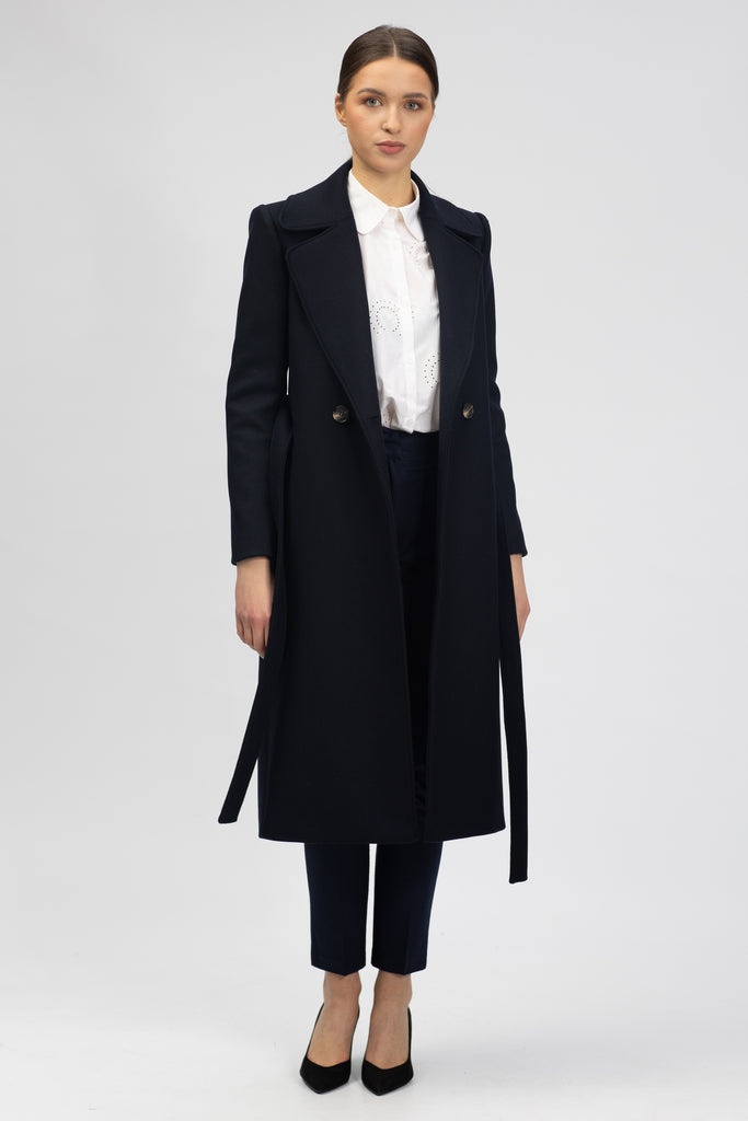 Palton midi cambrat din lana - bleumarin