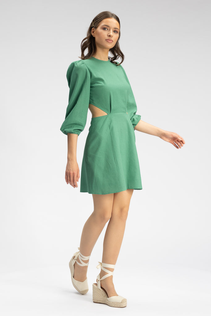 Rochie mini din in cu spatele decupat - verde