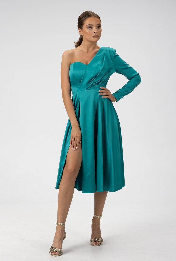 Rochie de seara cu un umar gol albastru turqoise