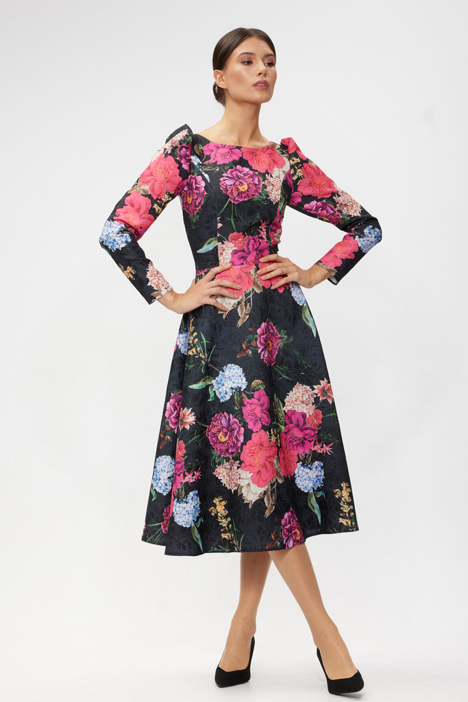 Rochie de seara midi cu maneca lunga din brocard