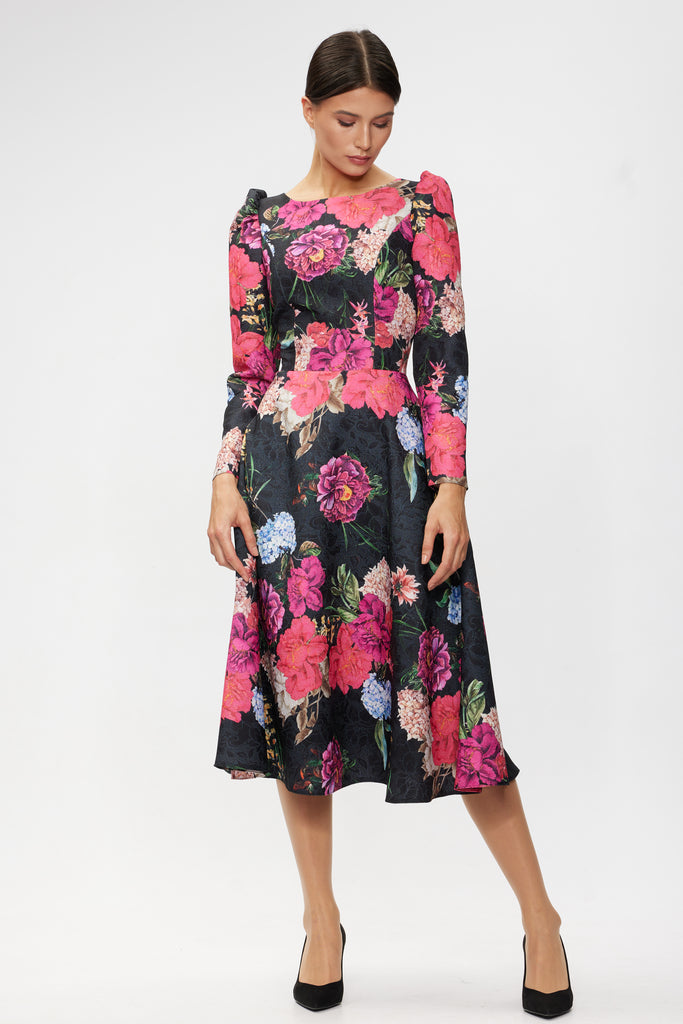 Rochie de seara midi cu maneca lunga din brocard