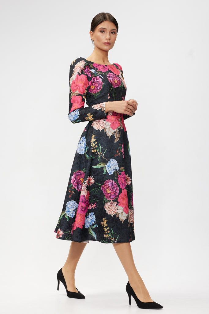 Rochie de seara midi cu maneca lunga din brocard